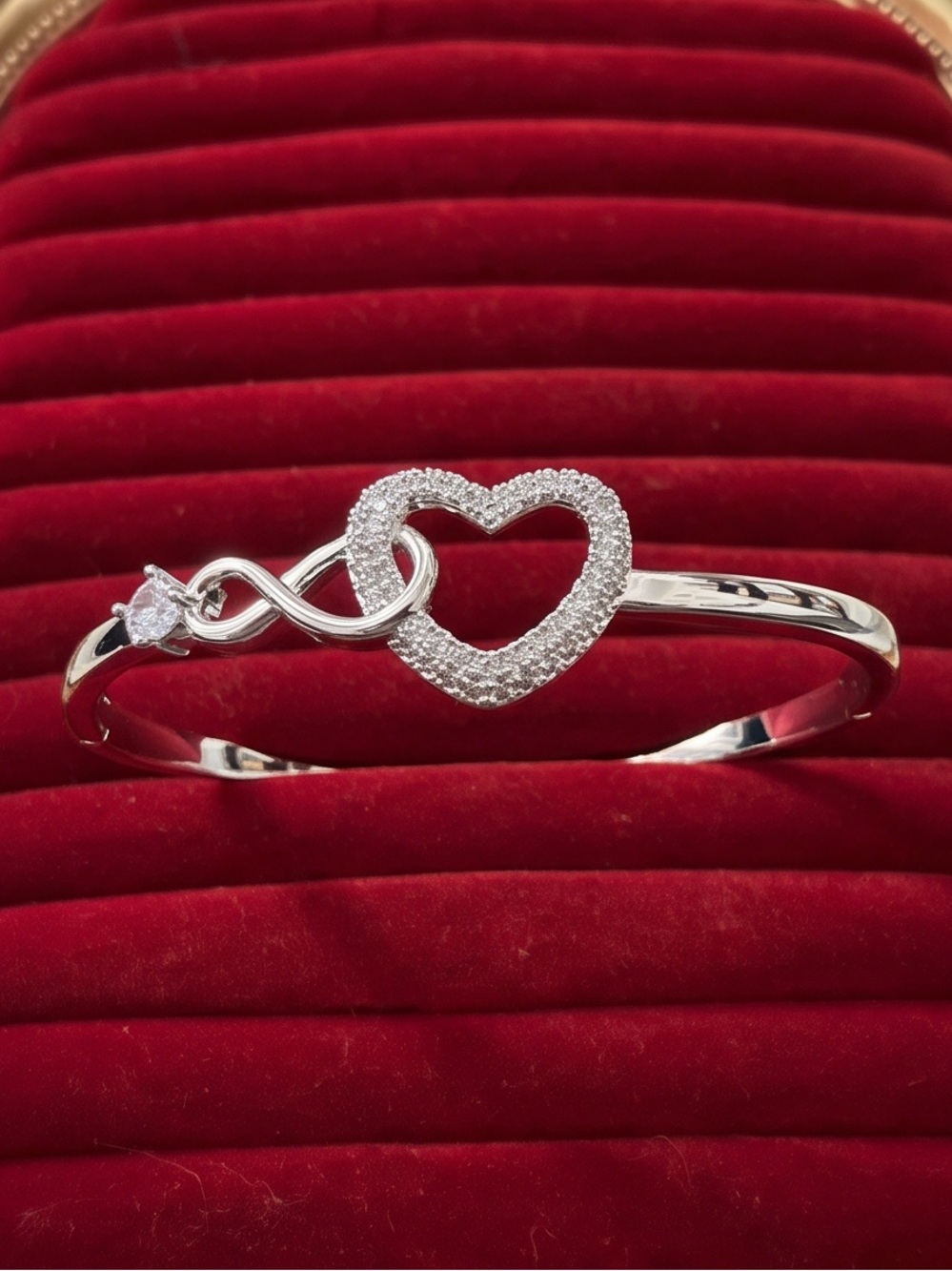 Silver Plated Interlocking Heart & Infinity Bangle Bracelet (7")